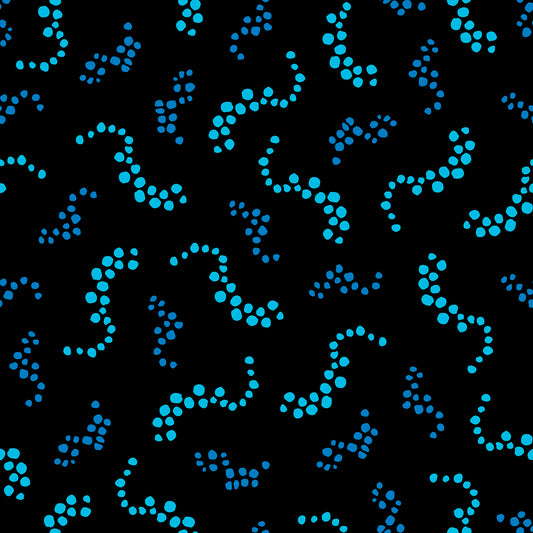 Beach Breezes Arctic features a repeating pattern in black and blue colors of swirling dots reminiscent of sea spray on ocean waves.
