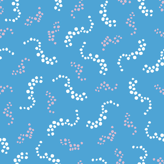 Beach Breezes Flower features a repeating pattern in blue, pink, and white colors of swirling dots reminiscent of sea spray on ocean waves.