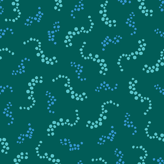 Beach Breezes Green features a repeating pattern in green and blue colors of swirling dots reminiscent of sea spray on ocean waves.