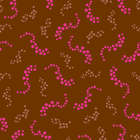 Beach Breezes Leaves features a repeating pattern in brown and pink colors of swirling dots reminiscent of sea spray on ocean waves.