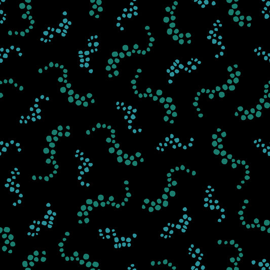 Beach Breezes Moss features a repeating pattern in black and green colors of swirling dots reminiscent of sea spray on ocean waves.
