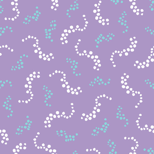 Beach Breezes Pastel features a repeating pattern in purple, aqua, and white colors of swirling dots reminiscent of sea spray on ocean waves.