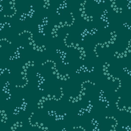 Beach Breezes Spruce features a repeating pattern in green colors of swirling dots reminiscent of sea spray on ocean waves.