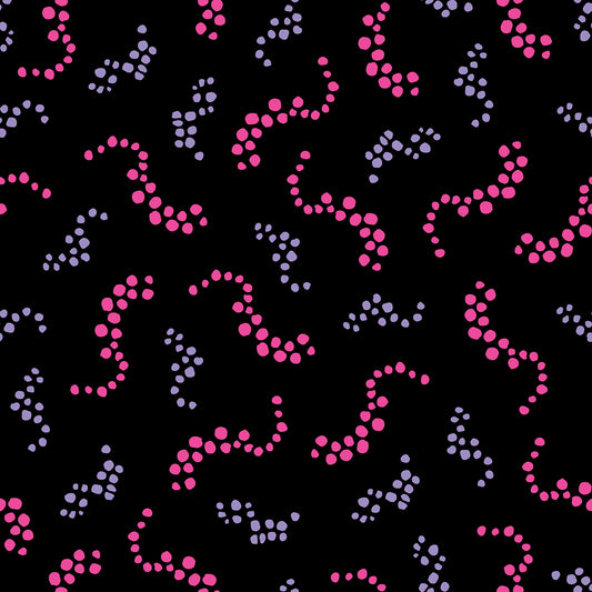 Beach Breezes Sunset features a repeating pattern in black, pink, and purple colors of swirling dots reminiscent of sea spray on ocean waves.