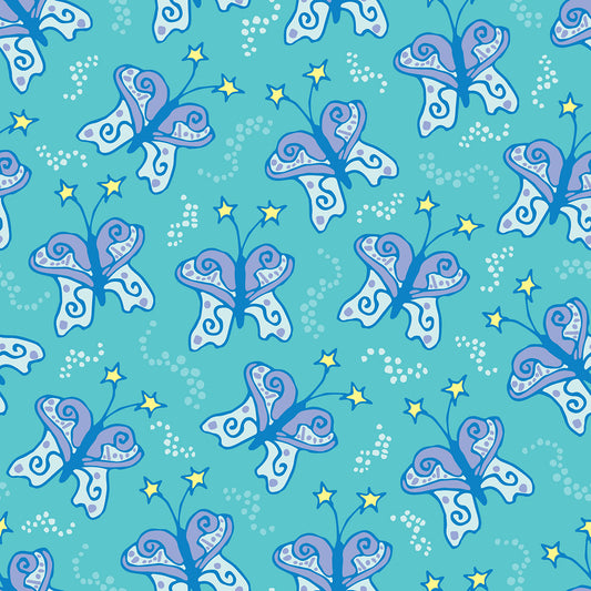 Beach Butterfly Aqua features a repeating pattern in aqua, purple, and lavender colors of butterflies with stars on their antennas and stardust contrails that make the butterflies look like they are moving.
