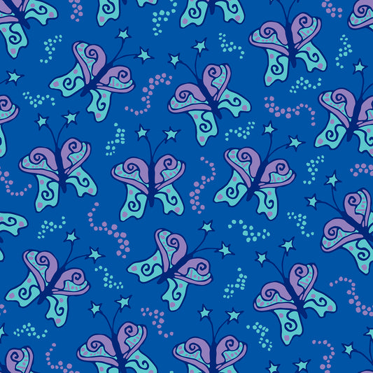 Beach Butterfly Azure features a repeating pattern in azure, blue, aqua, and purple colors of butterflies with stars on their antennas and stardust contrails that make the butterflies look like they are moving.