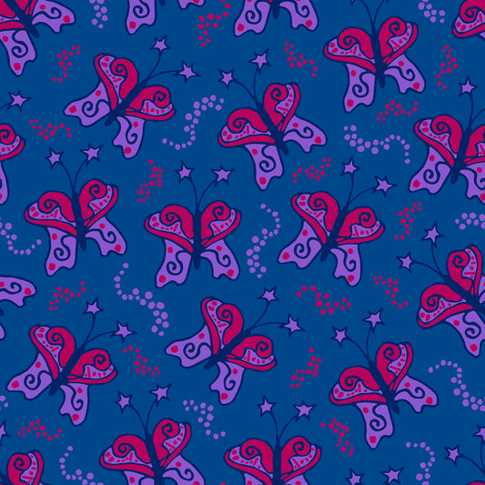 Beach Butterfly Berry features a repeating pattern in dusty blue, red, purple, and berry colors of butterflies with stars on their antennas and stardust contrails that make the butterflies look like they are moving.