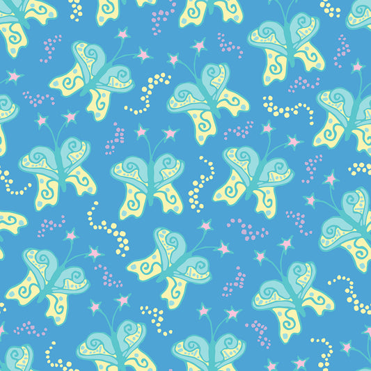 Beach Butterfly Bloom features a repeating pattern in blue, aqua, and yellow colors of butterflies with stars on their antennas and stardust contrails that make the butterflies look like they are moving.