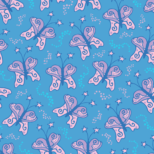 Beach Butterfly Blue features a repeating pattern in blue, lavender, and pink colors of butterflies with stars on their antennas and stardust contrails that make the butterflies look like they are moving.