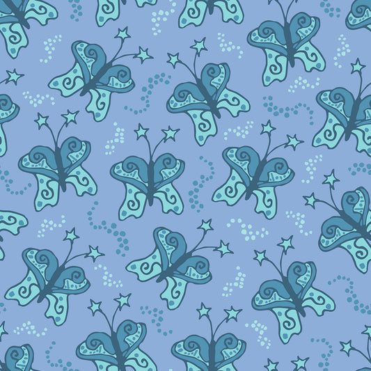 Beach Butterfly Frost features a repeating pattern in green, lavender, and purple colors of butterflies with stars on their antennas and stardust contrails that make the butterflies look like they are moving.