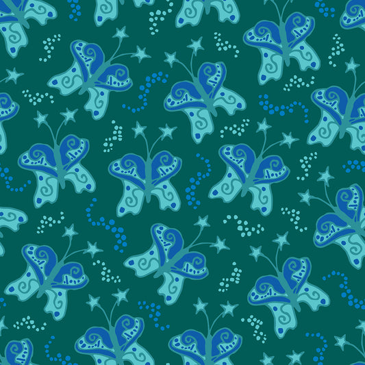 Beach Butterfly Green features a repeating pattern in green and blue colors of butterflies with stars on their antennas and stardust contrails that make the butterflies look like they are moving.