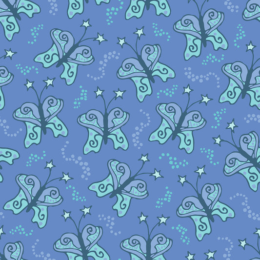 Beach Butterfly Ice features a repeating pattern in lavender, purple, and green colors of butterflies with stars on their antennas and stardust contrails that make the butterflies look like they are moving.