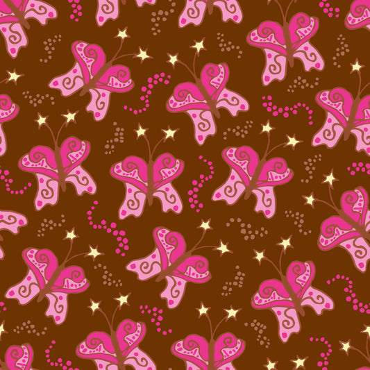 Beach Butterfly Leaves features a repeating pattern in brown and pink colors of butterflies with stars on their antennas and stardust contrails that make the butterflies look like they are moving.