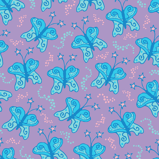 Beach Butterfly Pastel features a repeating pattern in purple, blue, and pink colors of butterflies with stars on their antennas and stardust contrails that make the butterflies look like they are moving.