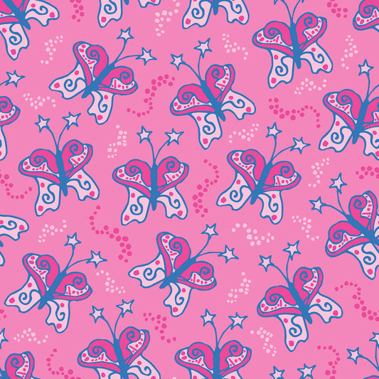 Beach Butterfly Pink features a repeating pattern in pink, red, and blue colors of butterflies with stars on their antennas and stardust contrails that make the butterflies look like they are moving.
