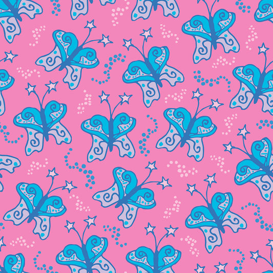 Beach Butterfly Pink & Blue features a repeating pattern in pink and blue colors of butterflies with stars on their antennas and stardust contrails that make the butterflies look like they are moving.