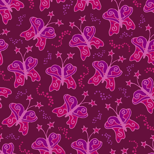  Beach Butterfly Plum features a repeating pattern in plum, red, and purple colors of butterflies with stars on their antennas and stardust contrails that make the butterflies look like they are moving.
