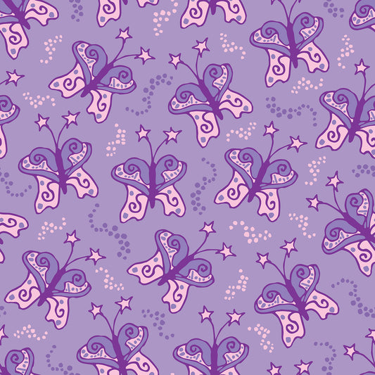 Beach Butterfly Purple features a repeating pattern in purple and pink colors of butterflies with stars on their antennas and stardust contrails that make the butterflies look like they are moving.