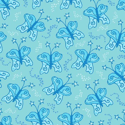 Beach Butterfly Rain features a repeating pattern in aqua, and blue colors of butterflies with stars on their antennas and stardust contrails that make the butterflies look like they are moving.