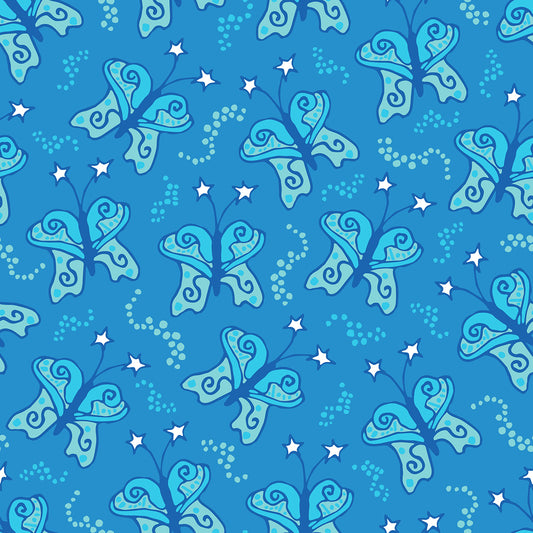 Beach Butterfly Sky features a repeating pattern in blue and green colors of butterflies with stars on their antennas and stardust contrails that make the butterflies look like they are moving.