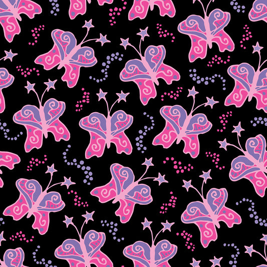 Beach Butterfly Sunset features a repeating pattern in black, pink, and purple colors of butterflies with stars on their antennas and stardust contrails that make the butterflies look like they are moving.