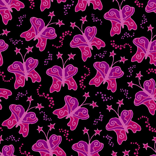 Beach Butterfly Wine features a repeating pattern in black, red, pink, and wine colors of butterflies with stars on their antennas and stardust contrails that make the butterflies look like they are moving.