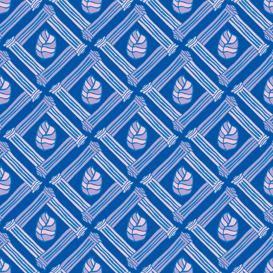 Beach Fence Azure features a repeating pattern in azure, blue, purple, and pink of striped leaves encased in diamond shapes made out of organic hand-drawn lines.