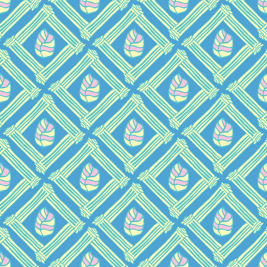 Beach Fence Bloom features a repeating pattern in yellow, blue, pink, and green of striped leaves encased in diamond shapes made out of organic hand-drawn lines.
