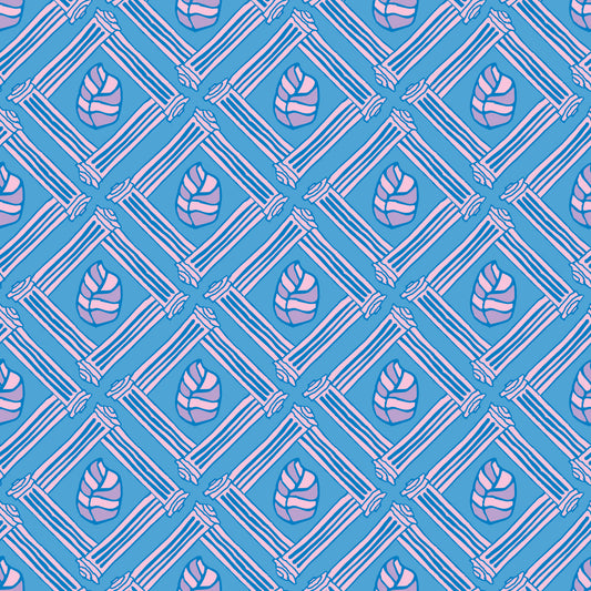 Beach Fence Blue features a repeating pattern in blue, pink, and purple of striped leaves encased in diamond shapes made out of organic hand-drawn lines.
