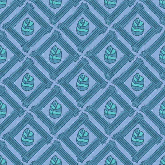 Beach Fence Frost features a repeating pattern in muted green, dusty blue, and lavender of striped leaves encased in diamond shapes made out of organic hand-drawn lines.