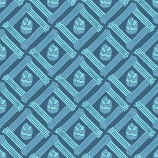 Beach Fence Ice features a repeating pattern in dusty green, french gray, and aqua of striped leaves encased in diamond shapes made out of organic hand-drawn lines.