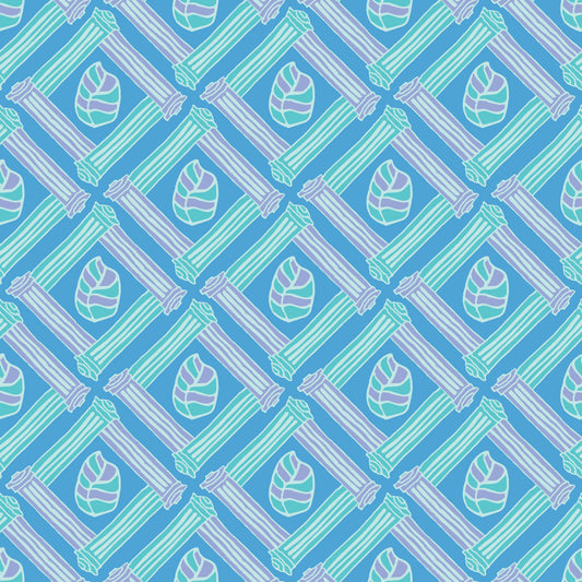 Beach Fence Ocean features a repeating pattern in blue, green and purple of striped leaves encased in diamond shapes made out of organic hand-drawn lines.