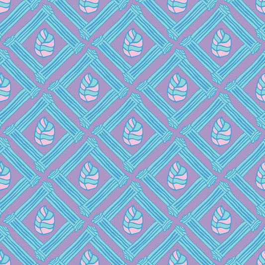 Beach Fence Pastel features a repeating pattern in purple, aqua, blue, and pink of striped leaves encased in diamond shapes made out of organic hand-drawn lines.