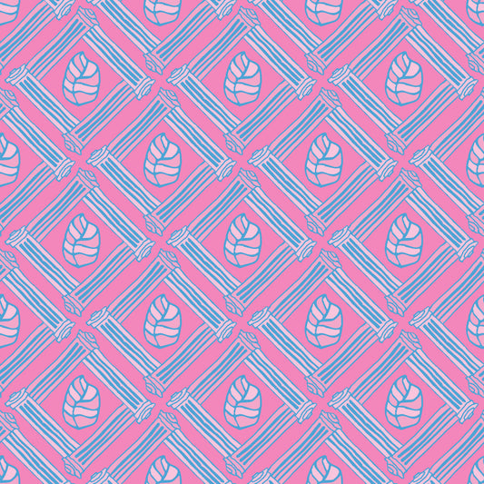 Beach Fence Pink features a repeating pattern in pink and blue of striped leaves encased in diamond shapes made out of organic hand-drawn lines.