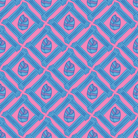 Beach Fence Pink & Blue features a repeating pattern in pink and blue of striped leaves encased in diamond shapes made out of organic hand-drawn lines.