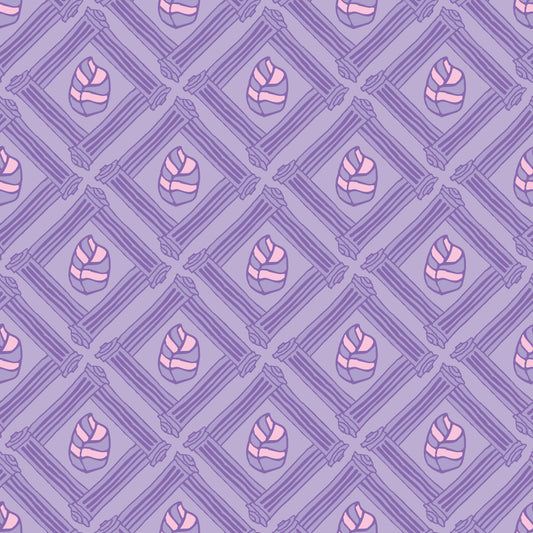 Beach Fence Purple features a repeating pattern in purple and pink of striped leaves encased in diamond shapes made out of organic hand-drawn lines.
