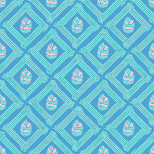 Beach Fence Rain features a repeating pattern in blue, aqua, and pink of striped leaves encased in diamond shapes made out of organic hand-drawn lines.