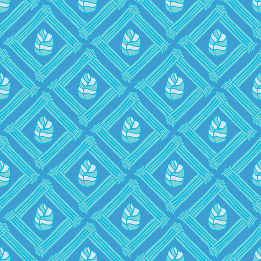 Beach Fence Sky features a repeating pattern in blue and aqua of striped leaves encased in diamond shapes made out of organic hand-drawn lines.