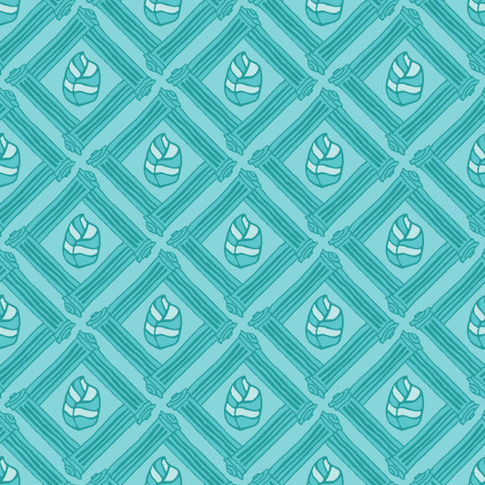 Beach Fence Aqua features a repeating pattern in aqua and green of striped leaves encased in diamond shapes made out of organic hand-drawn lines.