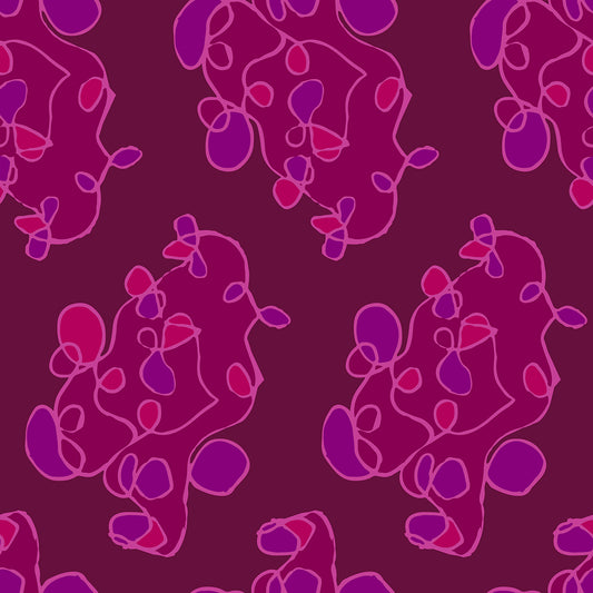 Fall Harbor Plum features a repeating pattern of purple, pink, and plum abstract clouds outlined with swirling lines.