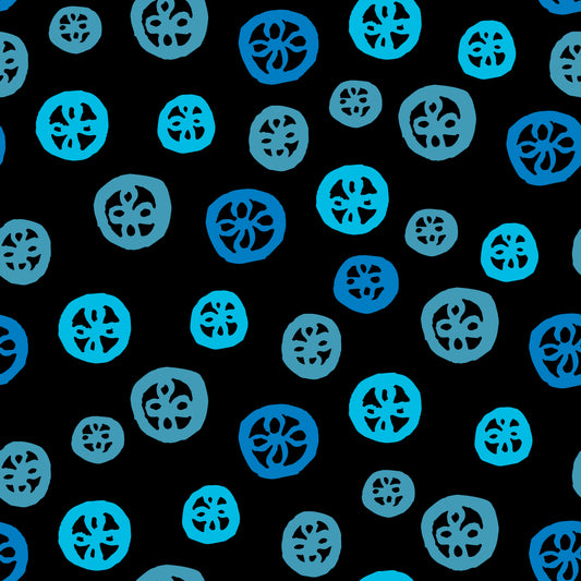 Rock on Round Arctic features a repeating pattern in black and blue colors depicting flowers encased in hand-drawn circles.