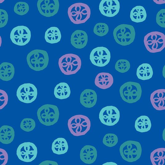 Rock on Round Azure features a repeating pattern in azure, blue, green, and purple colors depicting flowers encased in hand-drawn circles.