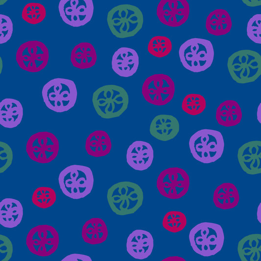 Rock on Round Berry features a repeating pattern in dusty blue, red, purple, and berry colors depicting flowers encased in hand-drawn circles.