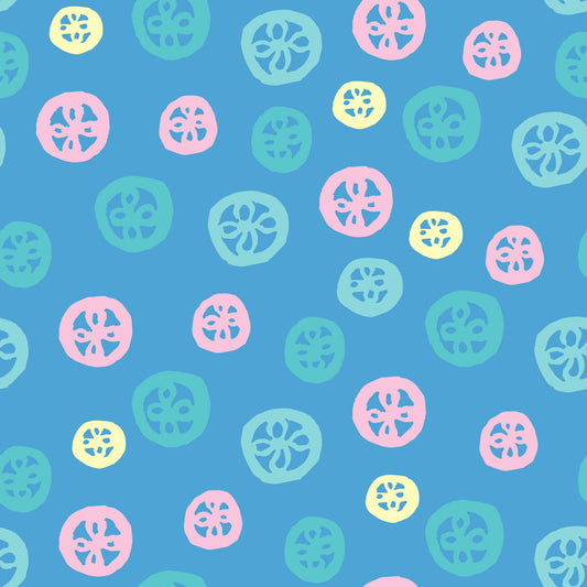 Rock on Round Bloom features a repeating pattern in yellow, blue, pink, and green colors depicting flowers encased in hand-drawn circles.