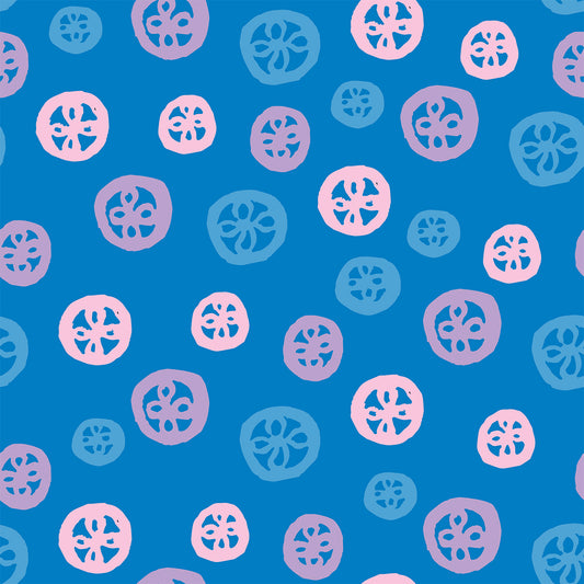 Rock on Round Blue features a repeating pattern in blue, purple, and pink colors depicting flowers encased in hand-drawn circles.