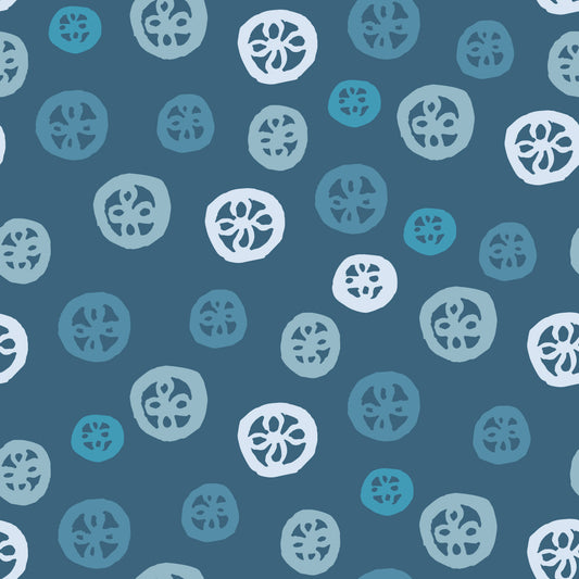 Rock on Round Dusk features a repeating pattern in gray, green and dusty blue colors depicting flowers encased in hand-drawn circles.