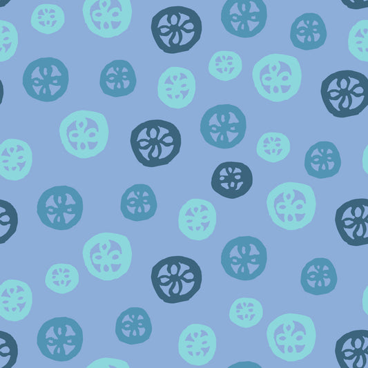 Rock on Round Frost features a repeating pattern in muted green, dusty blue, lavender, and purple colors depicting flowers encased in hand-drawn circles.