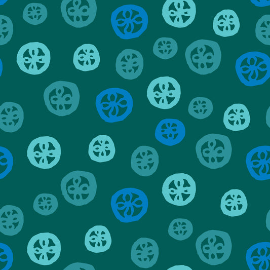 Rock on Round Green features a repeating pattern in green and blue colors depicting flowers encased in hand-drawn circles.