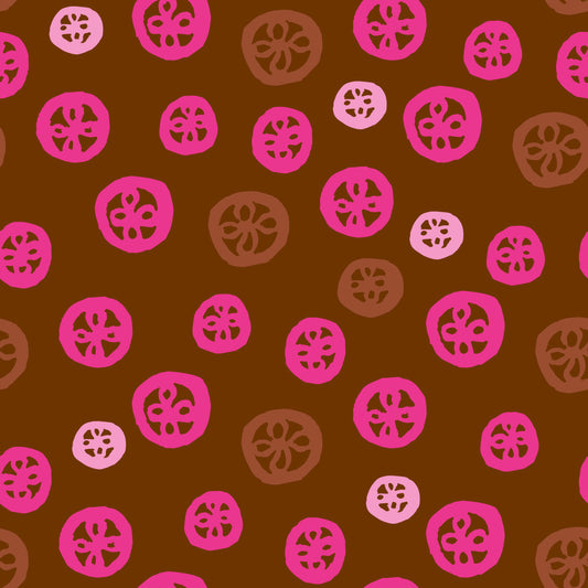Rock on Round Leaves features a repeating pattern in brown and pink colors depicting flowers encased in hand-drawn circles.