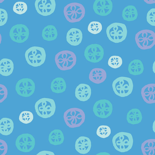 Rock on Round Ocean features a repeating pattern in blue, green, and purple colors depicting flowers encased in hand-drawn circles.